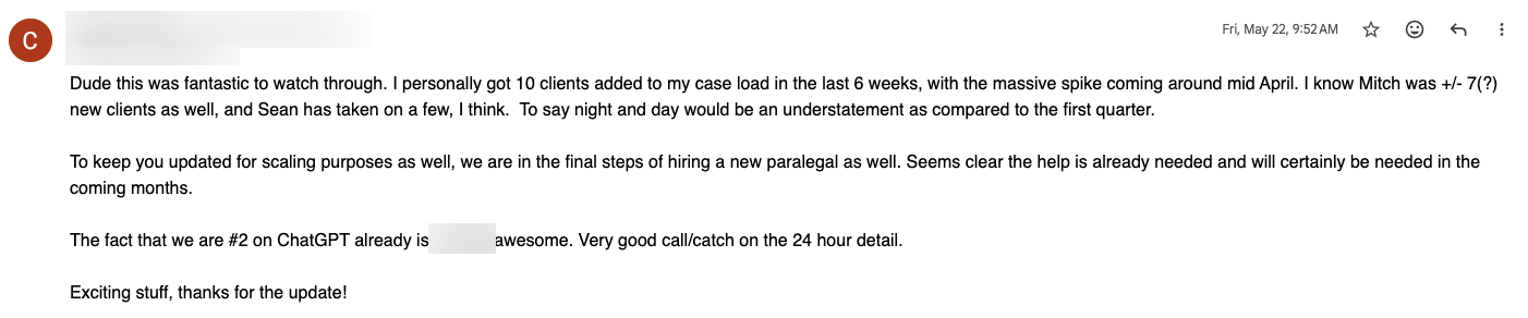 Client message reporting rapid growth in new legal clients